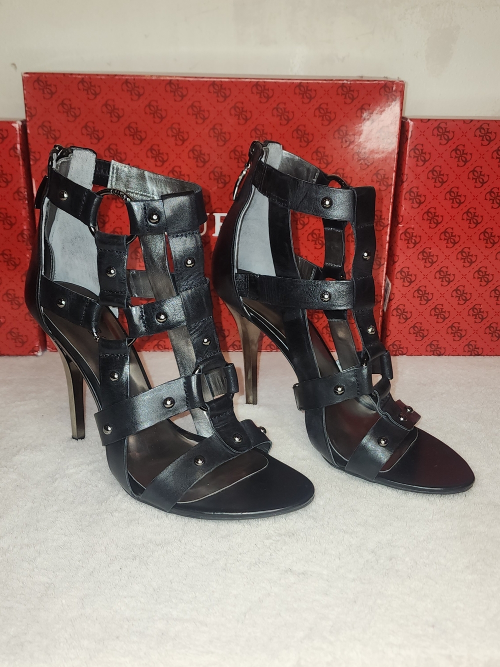 GUESS Black Studded Buckle Gladiator High-Heel Sandals